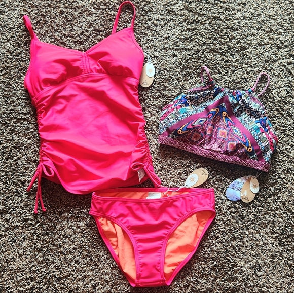 NWT NEW PrAna 3 Piece Swimsuit Moorea Tankini Brina Top Lani Bottoms Hot Pink XS - Picture 1 of 5